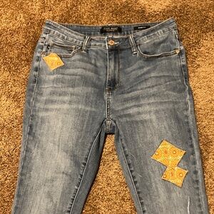 JUDY BLUE. Women’s Blue Jeans with Yellow& orange Patchwork. Size 13/31. EUC